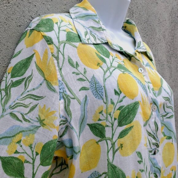 Martha Stewart 100% Linen Lemon Print Collared Blouse Long Sleeve L XL - Picture 2 of 8
